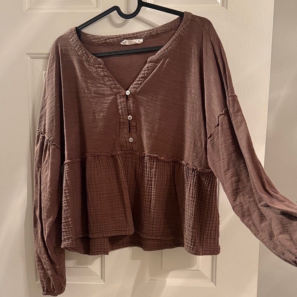 Lucky Brand Brown Button-Down Peplum Blouse